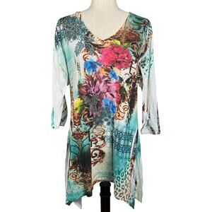 Clear Sky Women's Size XL Water Color Floral Print Rhinestone Burnout Tunic Top